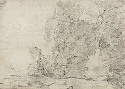Three Figures standing by rocky Cliffs, two Horsemen in the Distance