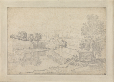 Italian Landscape with River running between high Wall at left and…