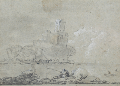 Coast Scene with a rocky Island crowned with a ruined Tower