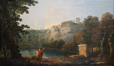 Cicero conversing with a female Figure in a wooded Lake Landscape
