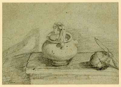 Still life: Study of a Kettle, Piece of Fruit and a Knife on a Table

